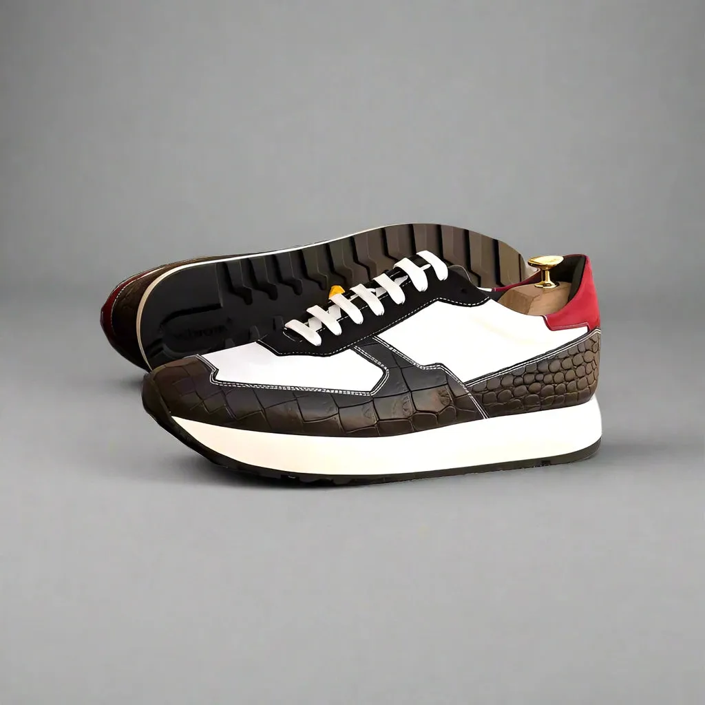 Black Alligator and White Leather Low Top Lace Up Running Chunky Trainer Sneakers With White Sole - Sneaker Shoes