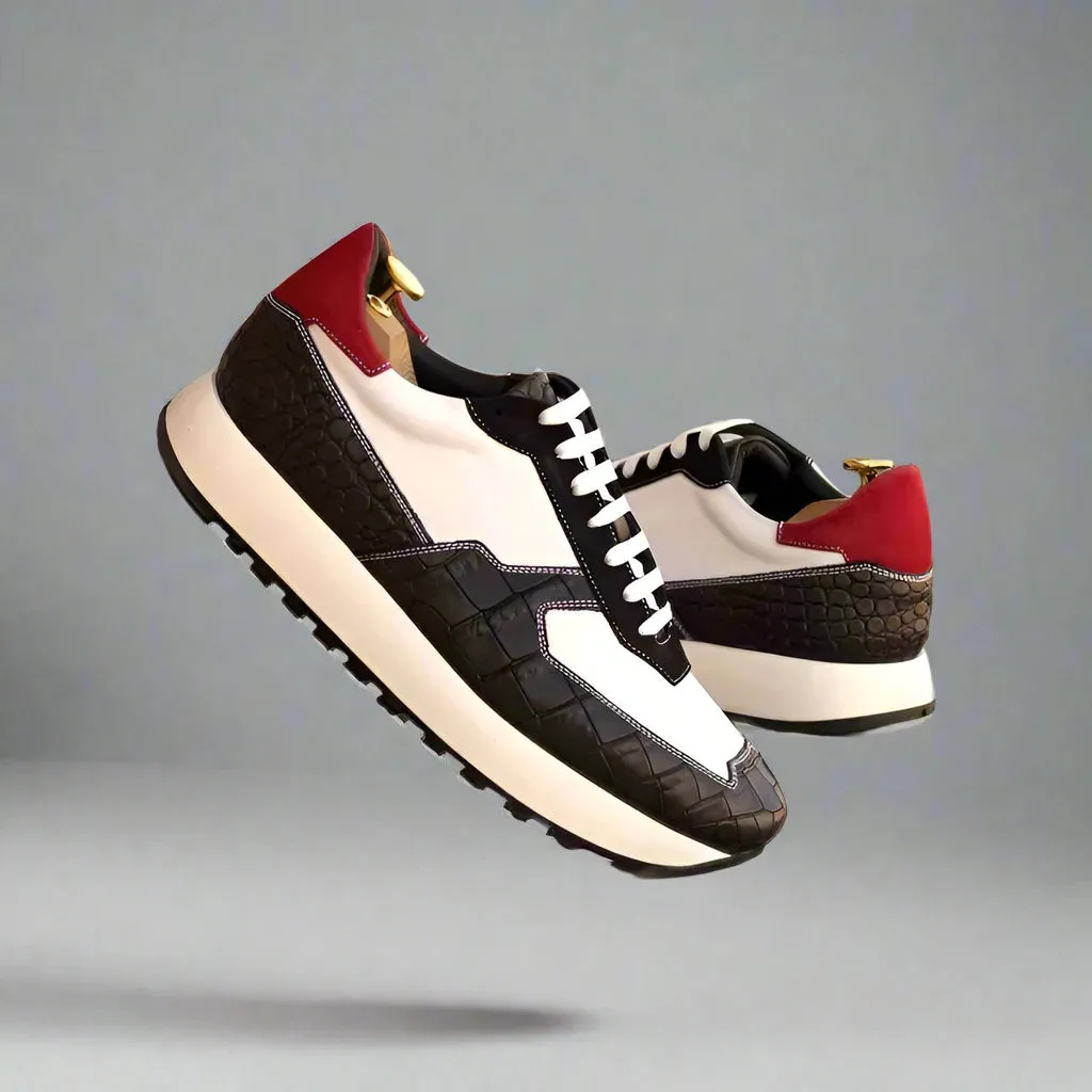 Black Alligator and White Leather Low Top Lace Up Running Chunky Trainer Sneakers With White Sole - Sneaker Shoes
