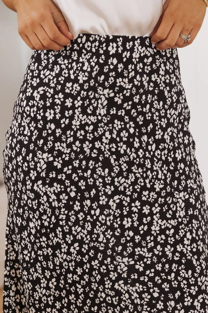 Black Floral Print Midi Skirt