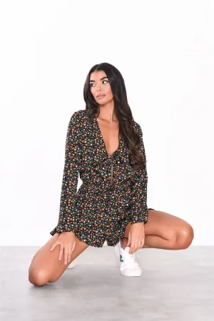 Black-Orange-Ditsy Front-Tie Long-Sleeve-Playsuit