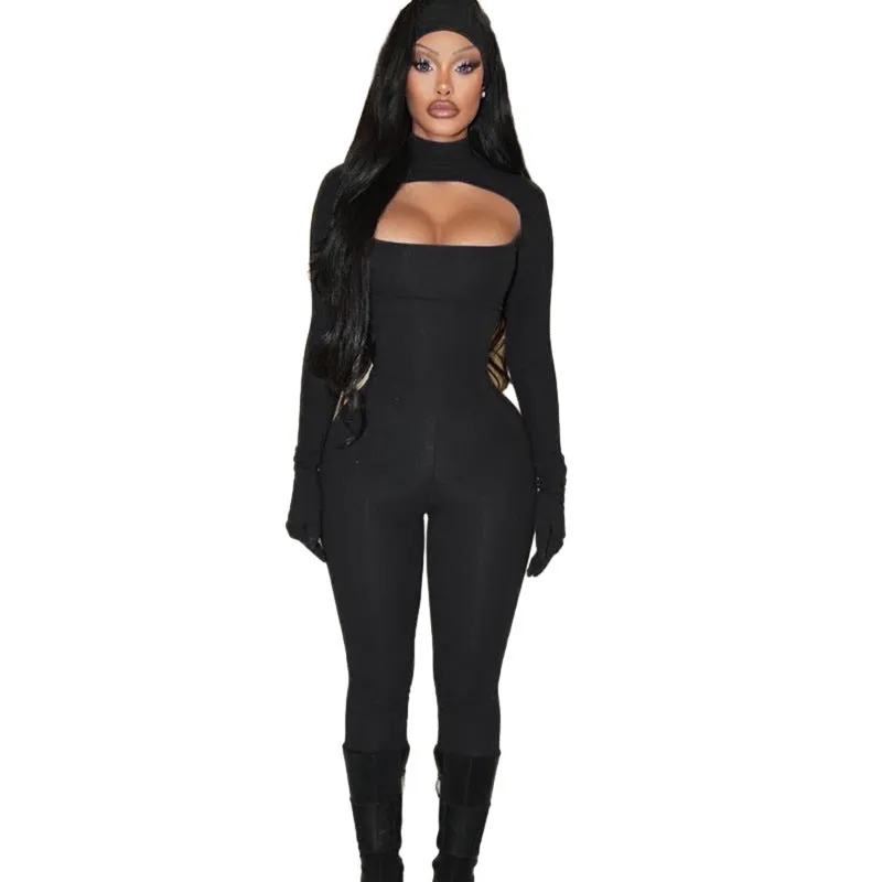 Bold and Alluring Solid Hollow Bodysuit with Matching Gloves for Fierce Style