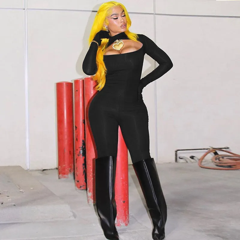 Bold and Alluring Solid Hollow Bodysuit with Matching Gloves for Fierce Style