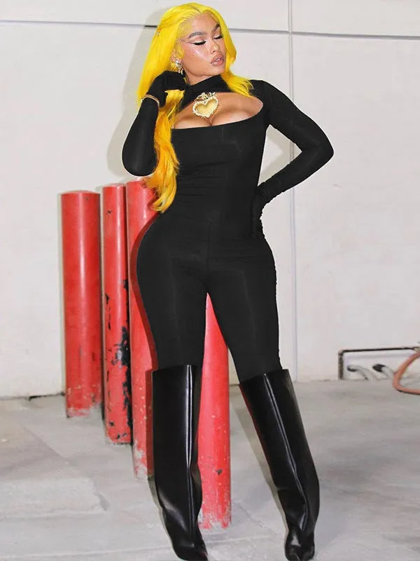 Bold and Alluring Solid Hollow Bodysuit with Matching Gloves for Fierce Style