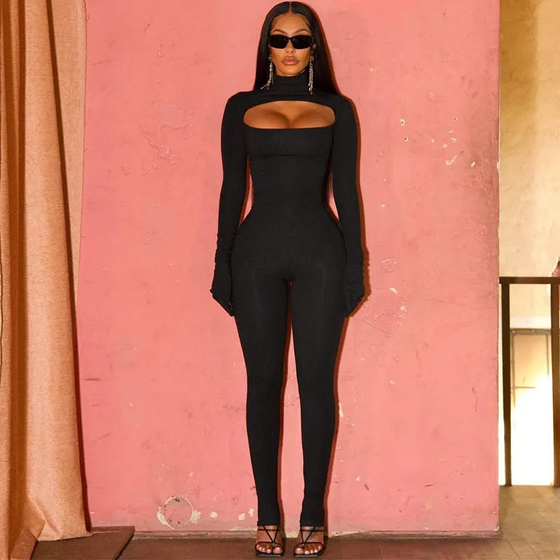 Bold and Alluring Solid Hollow Bodysuit with Matching Gloves for Fierce Style