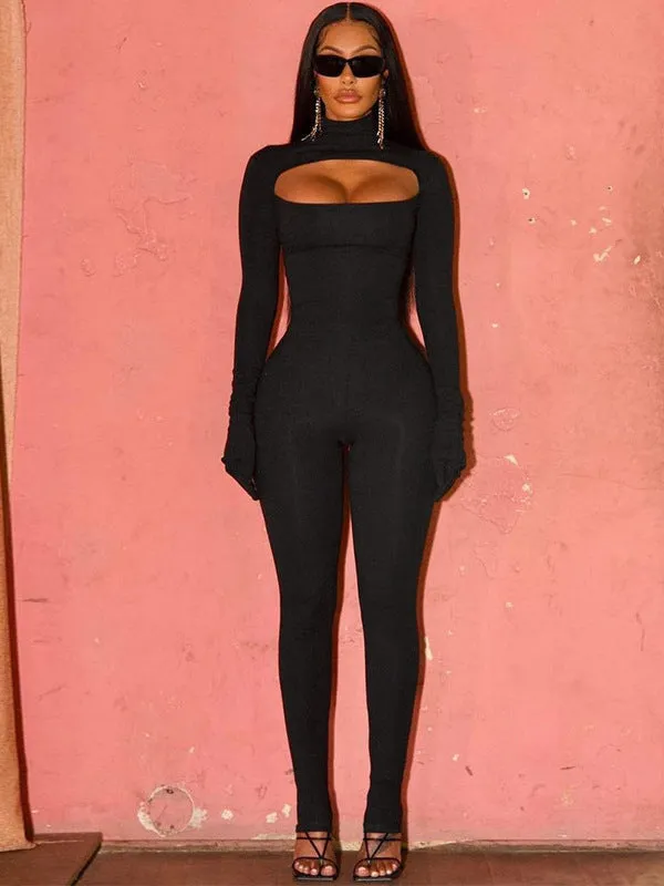 Bold and Alluring Solid Hollow Bodysuit with Matching Gloves for Fierce Style