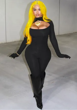 Bold and Alluring Solid Hollow Bodysuit with Matching Gloves for Fierce Style