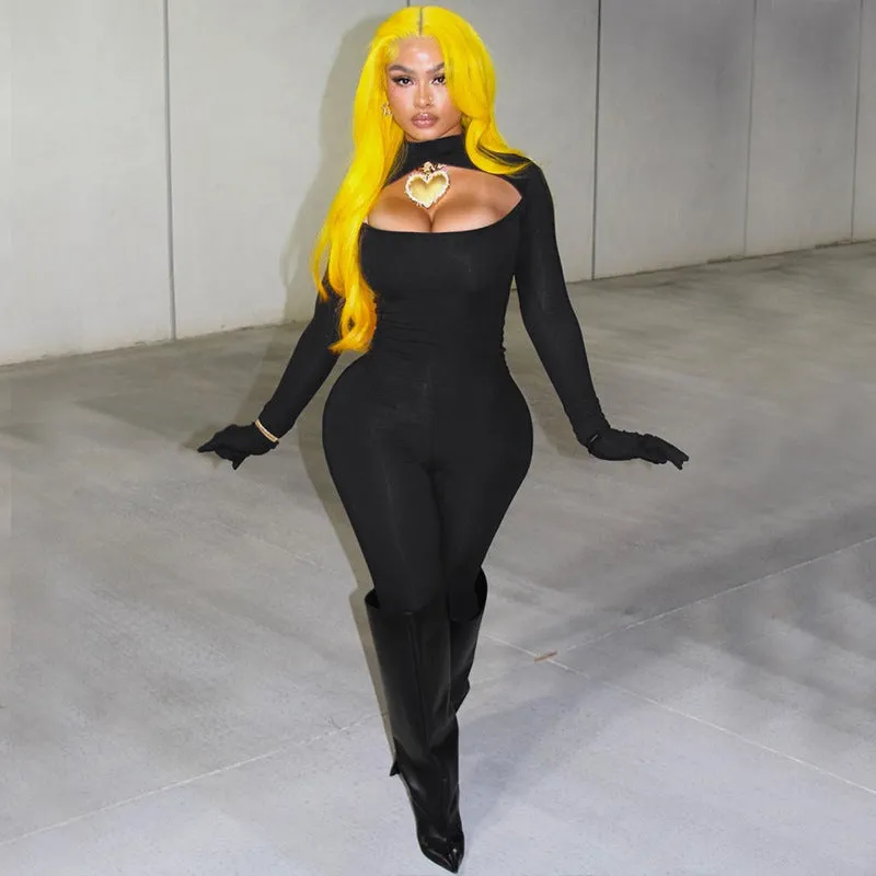 Bold and Alluring Solid Hollow Bodysuit with Matching Gloves for Fierce Style