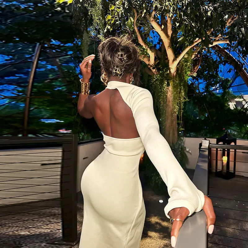 Bold and Chic Hollow One-Sleeve Slit Bodycon Dress for Fall Elegance