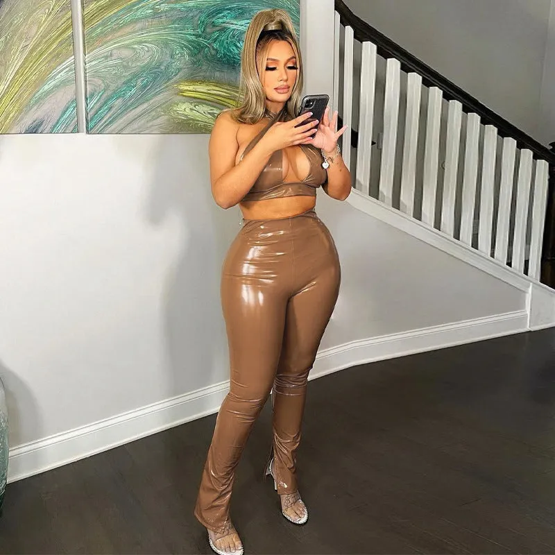 Bold and Sleek Backless PU Leather Two-Piece Pants Set