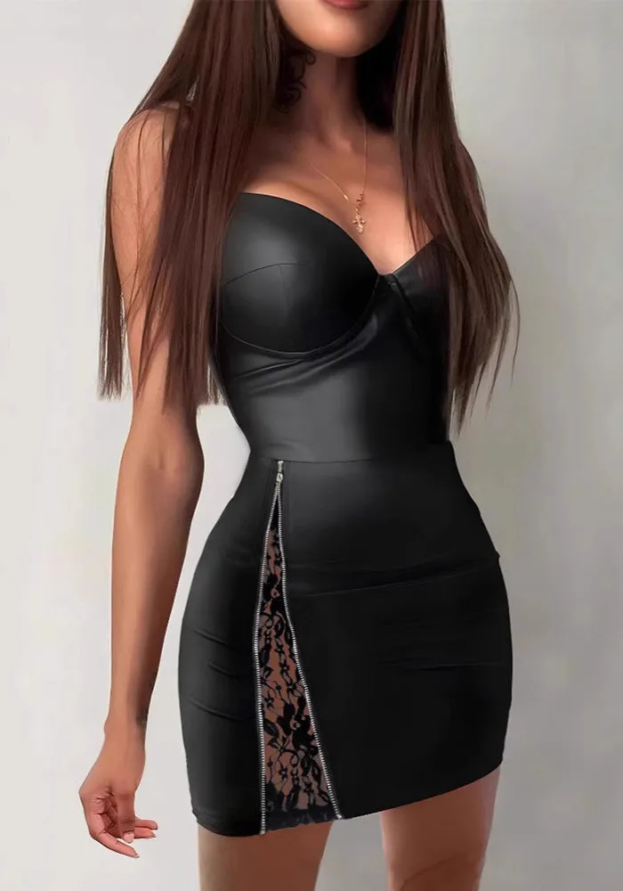Bold Black PU Leather Mini Dress with Lace Detail and Strapless Design