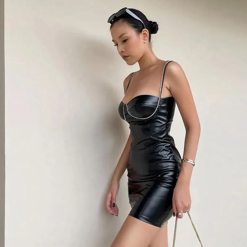 Bold Faux Leather Rhinestone Strap Bodycon Mini Dress