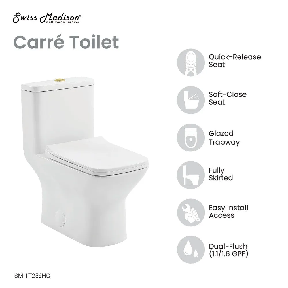 Carre One Piece Square Toilet Dual Flush, Brushed Gold Hardware 1.1/1.6 gpf