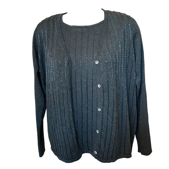 C'est City silk metallic beaded sweater set V cardigan over tank black knit