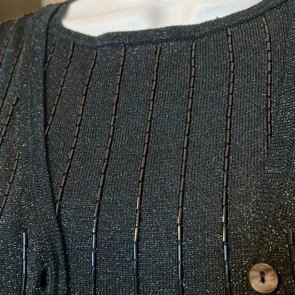 C'est City silk metallic beaded sweater set V cardigan over tank black knit