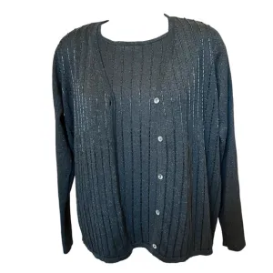 C'est City silk metallic beaded sweater set V cardigan over tank black knit