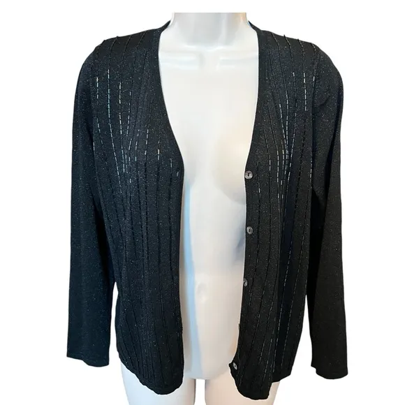 C'est City silk metallic beaded sweater set V cardigan over tank black knit