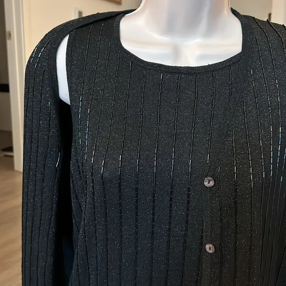 C'est City silk metallic beaded sweater set V cardigan over tank black knit