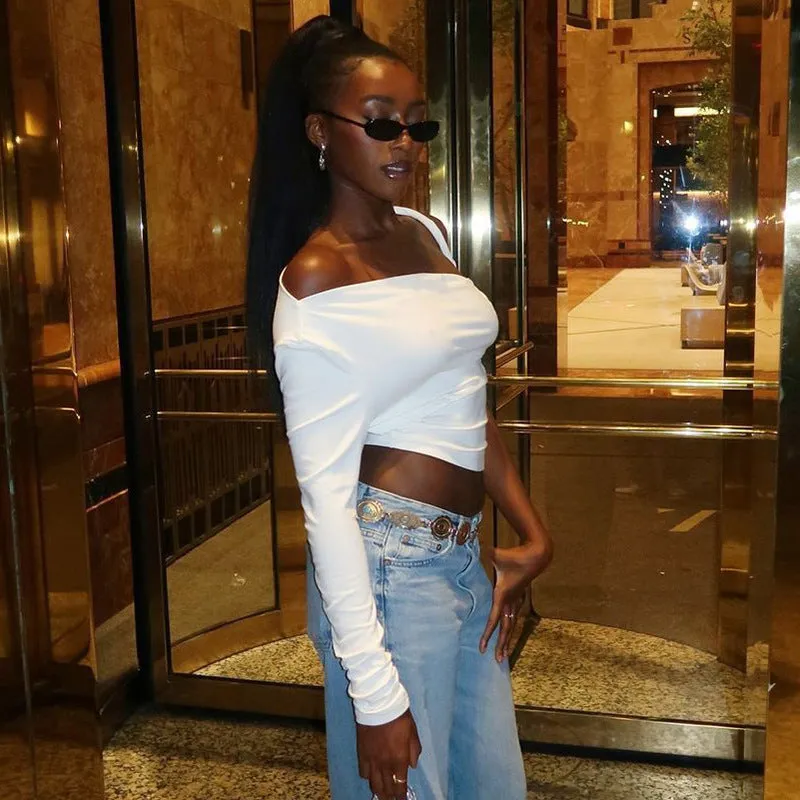 Chic Asymmetrical Off-Shoulder Long Sleeve Crop Top for a Bold Look