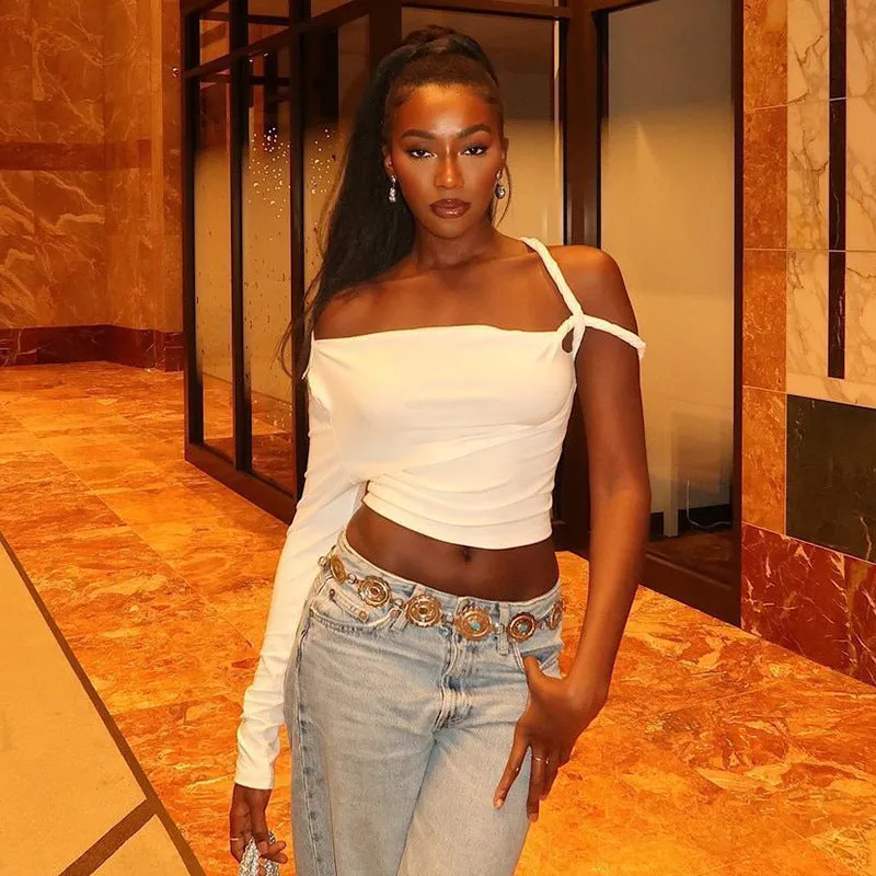 Chic Asymmetrical Off-Shoulder Long Sleeve Crop Top for a Bold Look