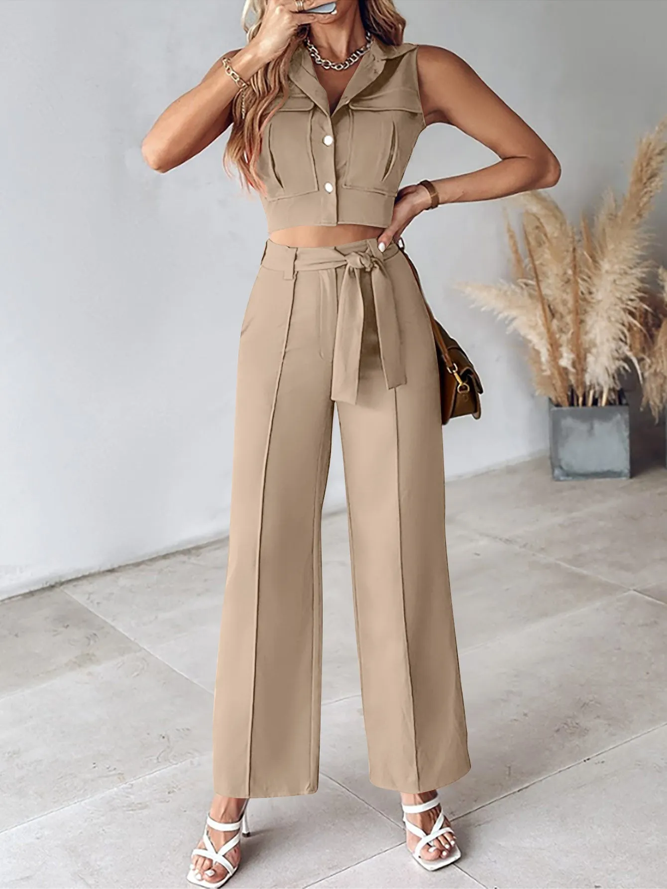Chic Casual Turndown Collar Vest and Pants Two-Piece Set for Effortless Everyday Style