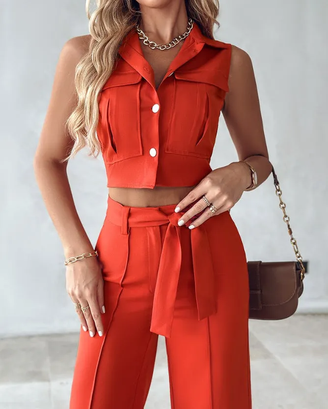 Chic Casual Turndown Collar Vest and Pants Two-Piece Set for Effortless Everyday Style