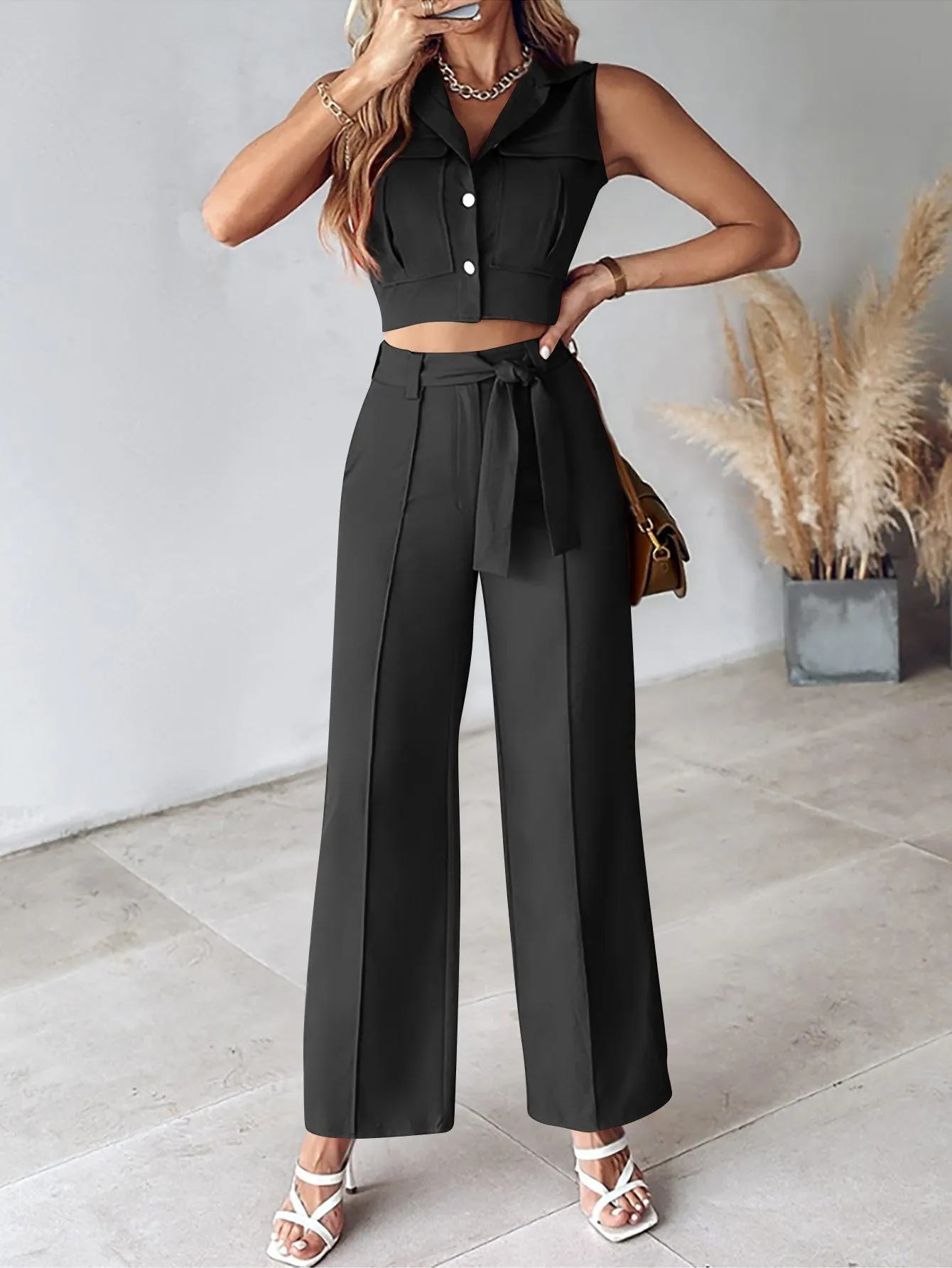 Chic Casual Turndown Collar Vest and Pants Two-Piece Set for Effortless Everyday Style