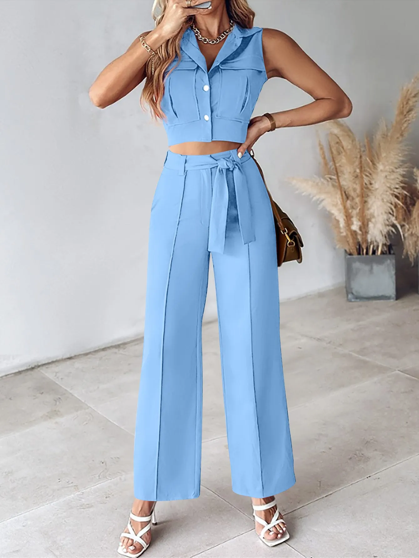 Chic Casual Turndown Collar Vest and Pants Two-Piece Set for Effortless Everyday Style