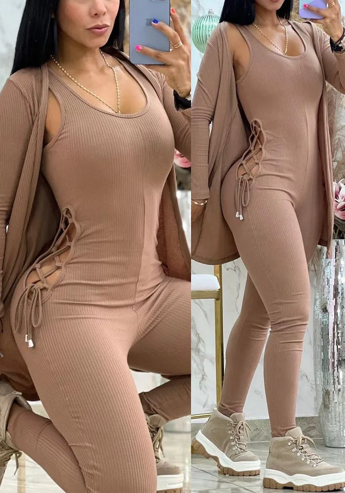 Chic Lace-Up Side Detail Ribbed Jumpsuit with Long Cardigan
