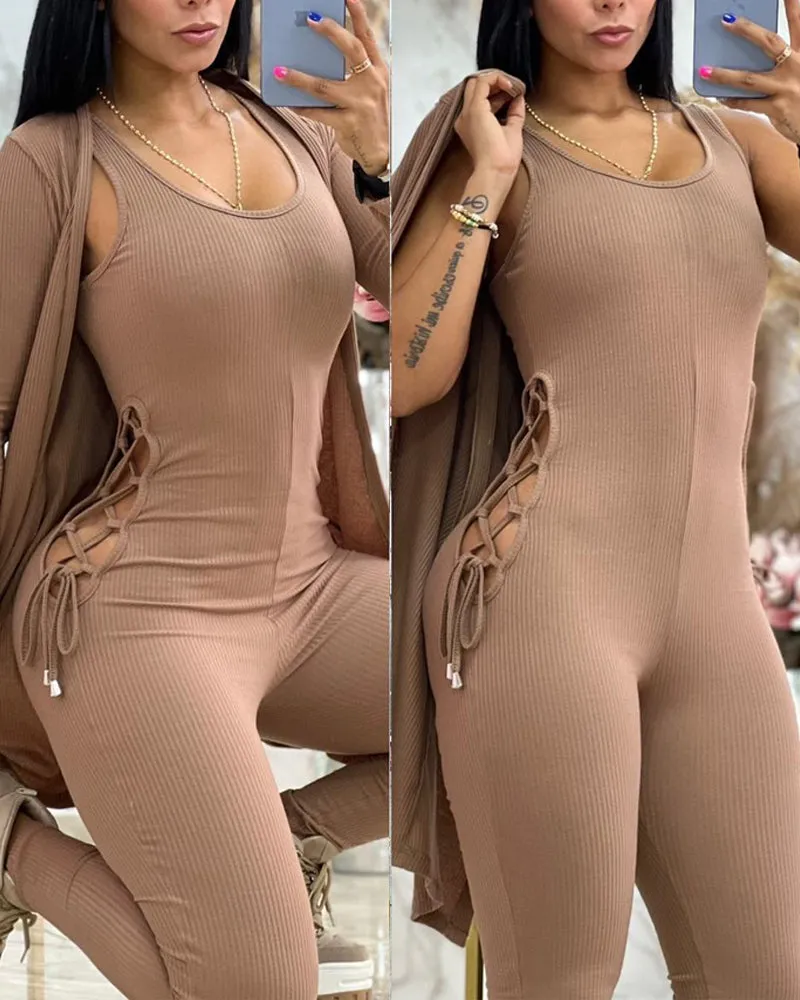 Chic Lace-Up Side Detail Ribbed Jumpsuit with Long Cardigan