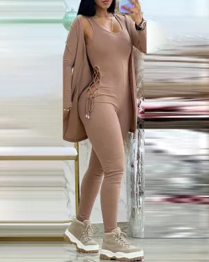 Chic Lace-Up Side Detail Ribbed Jumpsuit with Long Cardigan