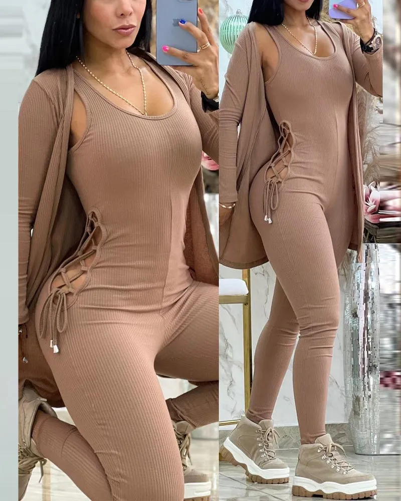 Chic Lace-Up Side Detail Ribbed Jumpsuit with Long Cardigan