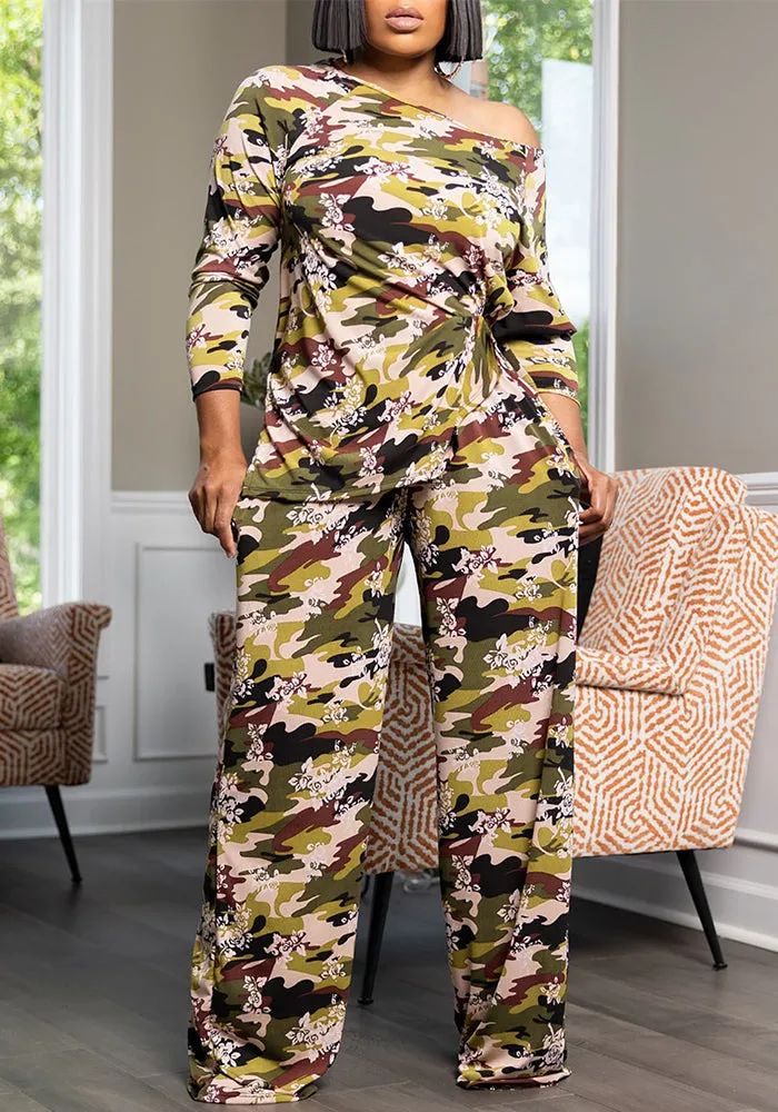 Chic One-Shoulder Camo Floral Printed Two-Piece Set