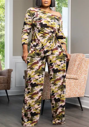Chic One-Shoulder Camo Floral Printed Two-Piece Set