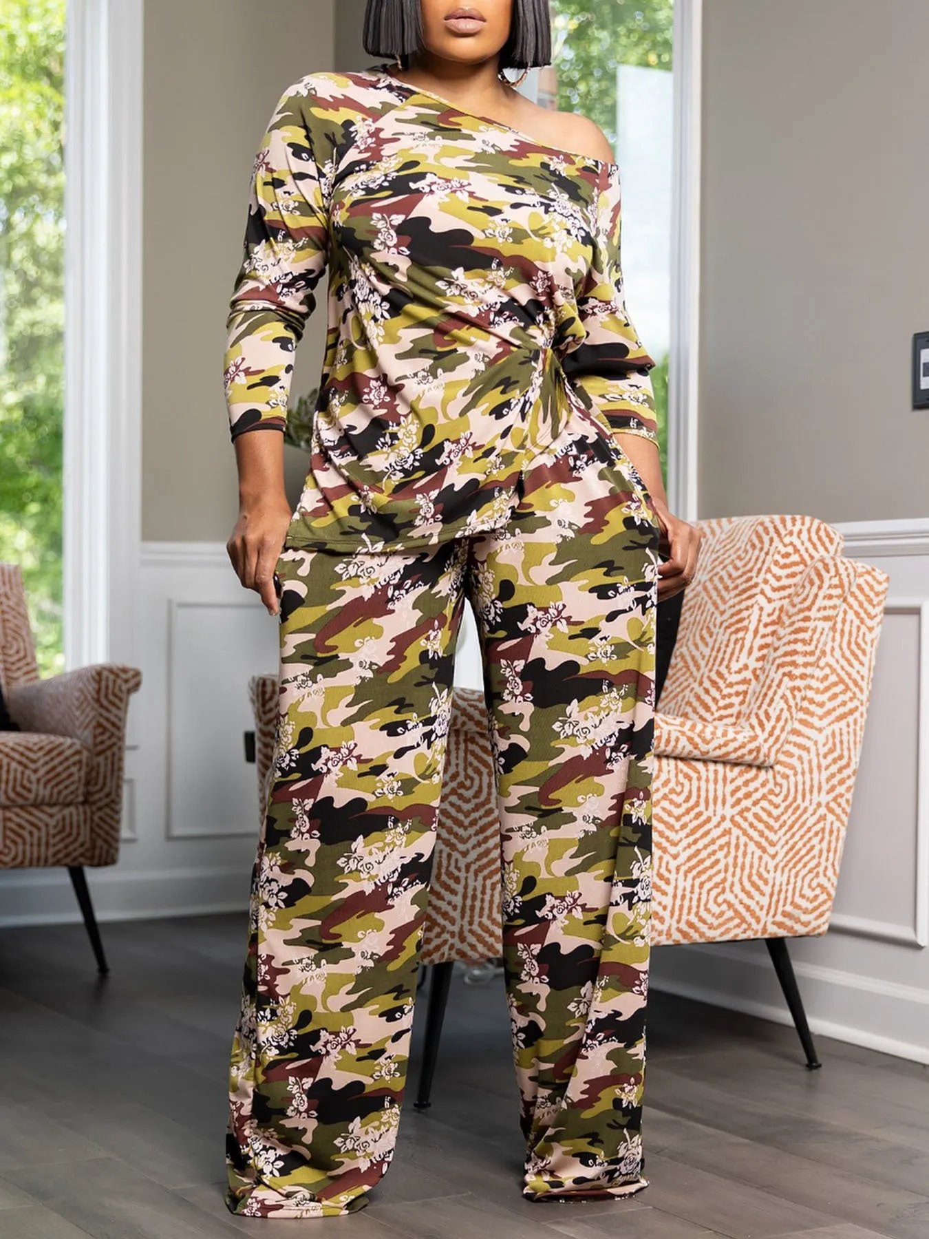 Chic One-Shoulder Camo Floral Printed Two-Piece Set