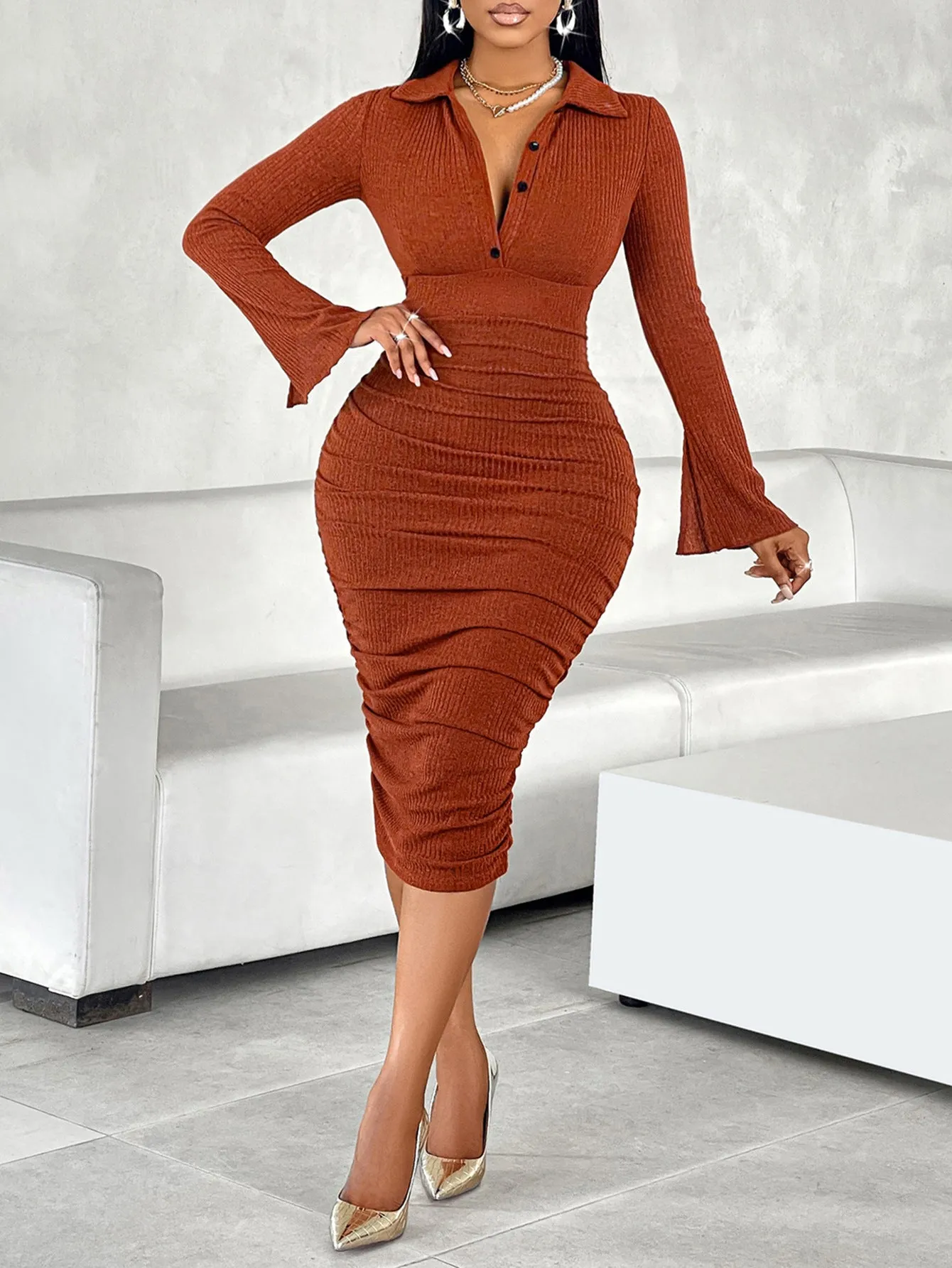 Chic Ribbed Knit Button-Up Bodycon Dress with Flared Sleeves