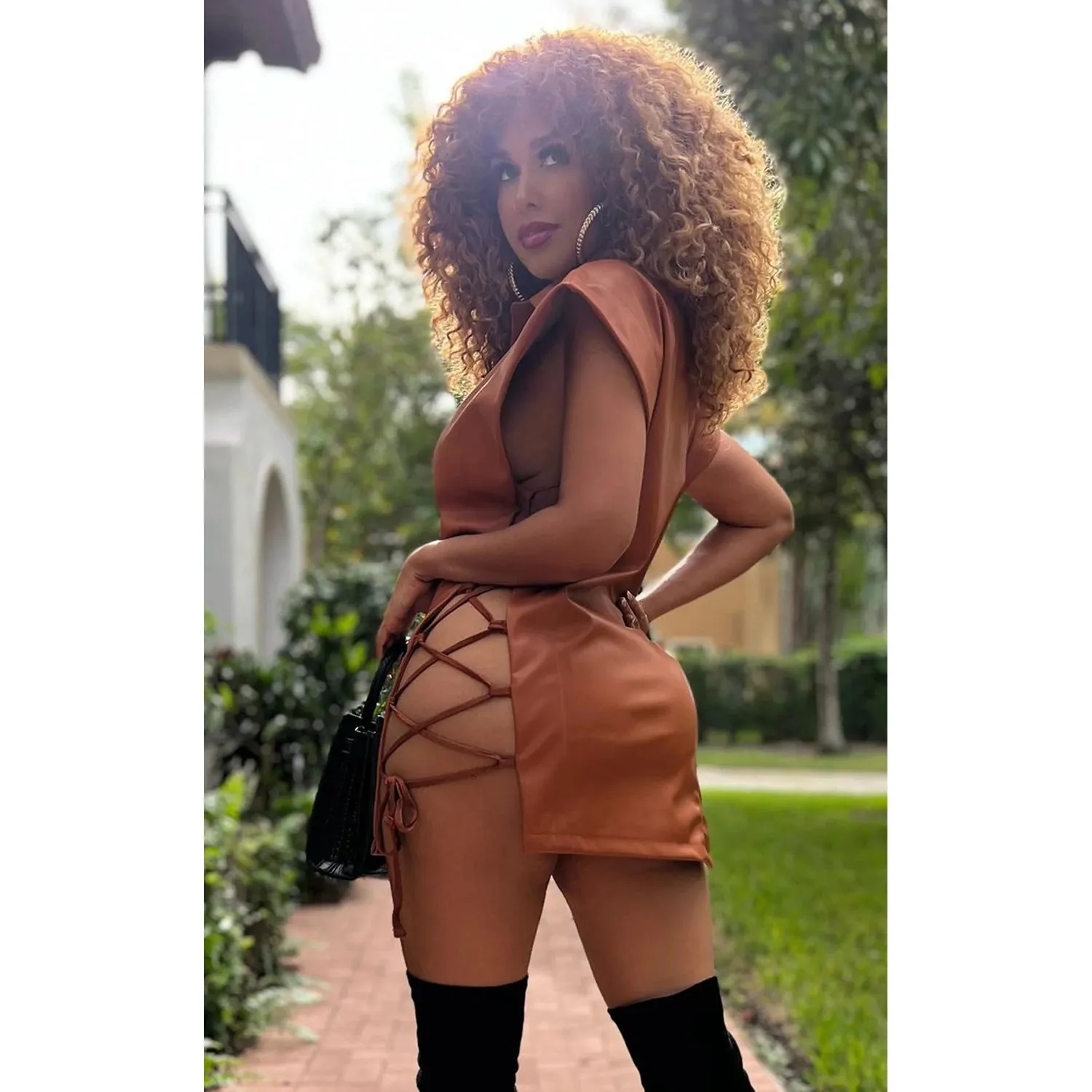Chic Sleeveless Lace-Up V-Neck PU Leather Shirt Dress