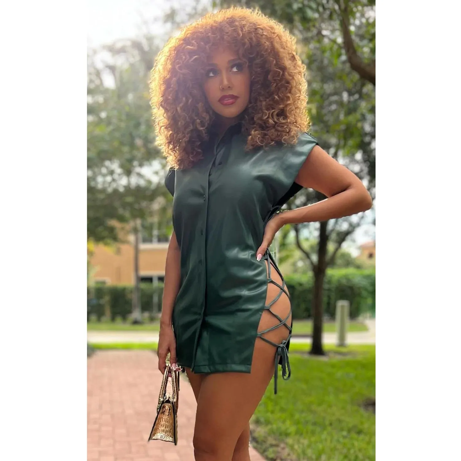 Chic Sleeveless Lace-Up V-Neck PU Leather Shirt Dress