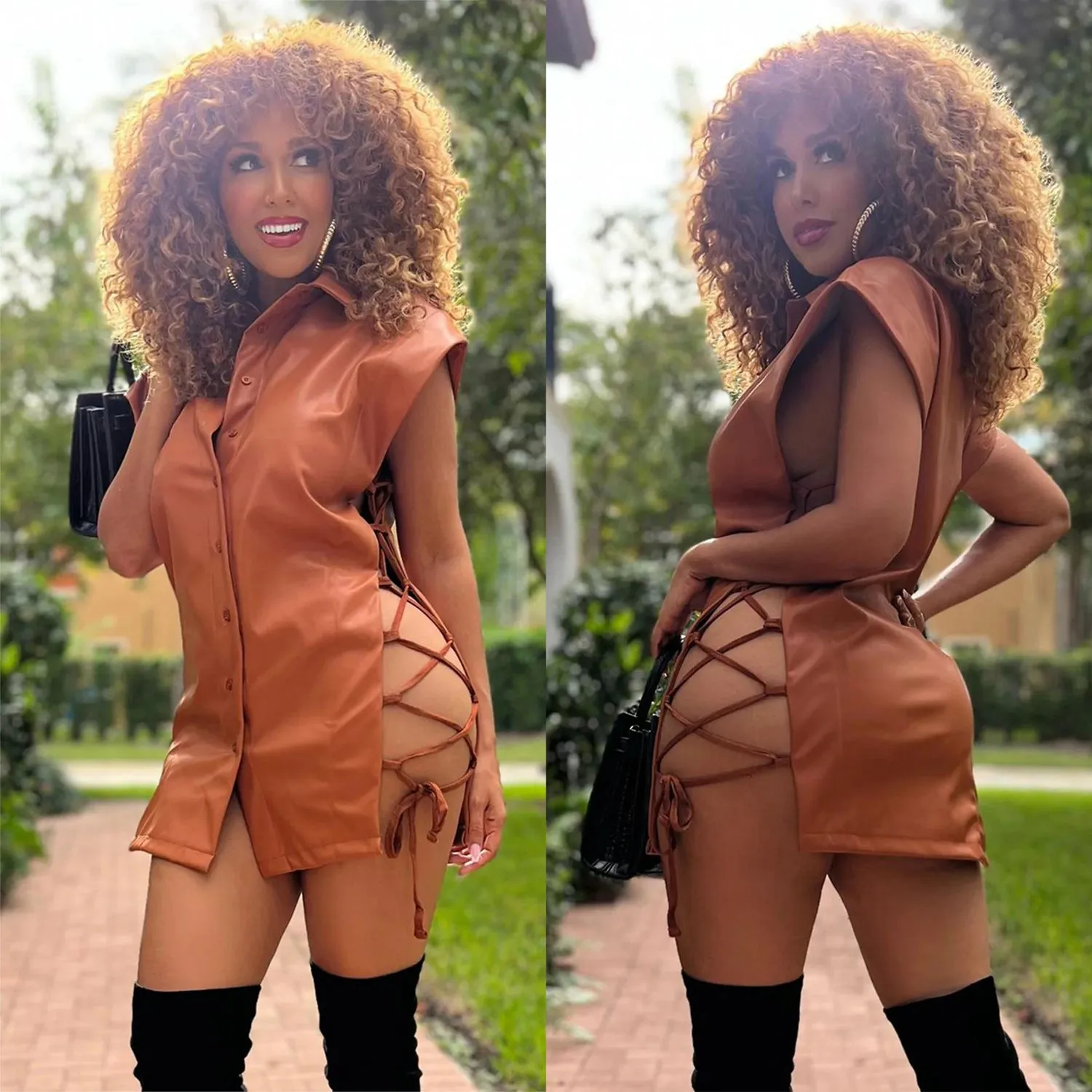 Chic Sleeveless Lace-Up V-Neck PU Leather Shirt Dress
