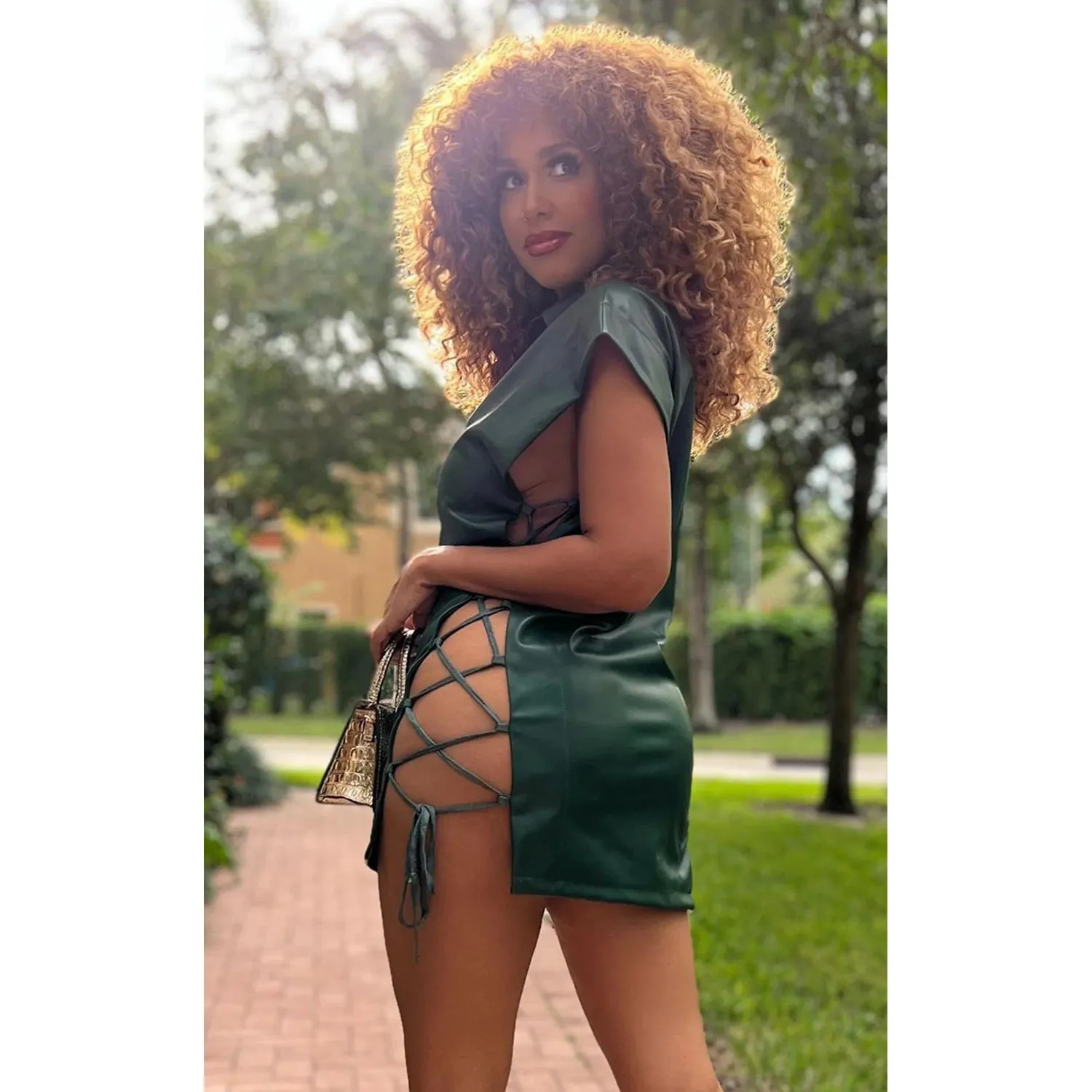 Chic Sleeveless Lace-Up V-Neck PU Leather Shirt Dress