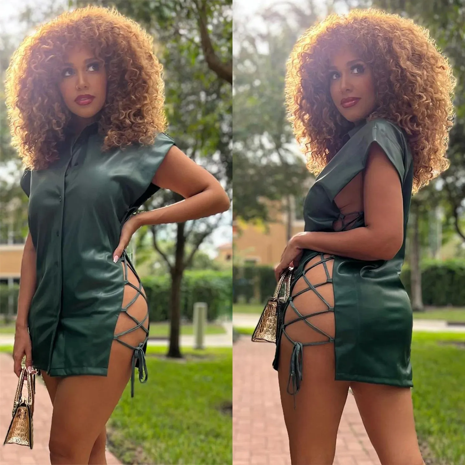 Chic Sleeveless Lace-Up V-Neck PU Leather Shirt Dress