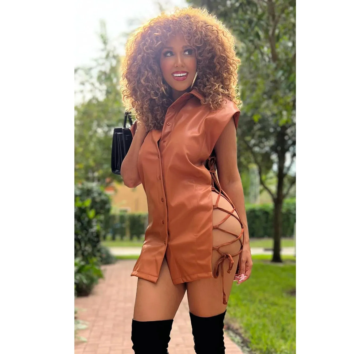 Chic Sleeveless Lace-Up V-Neck PU Leather Shirt Dress