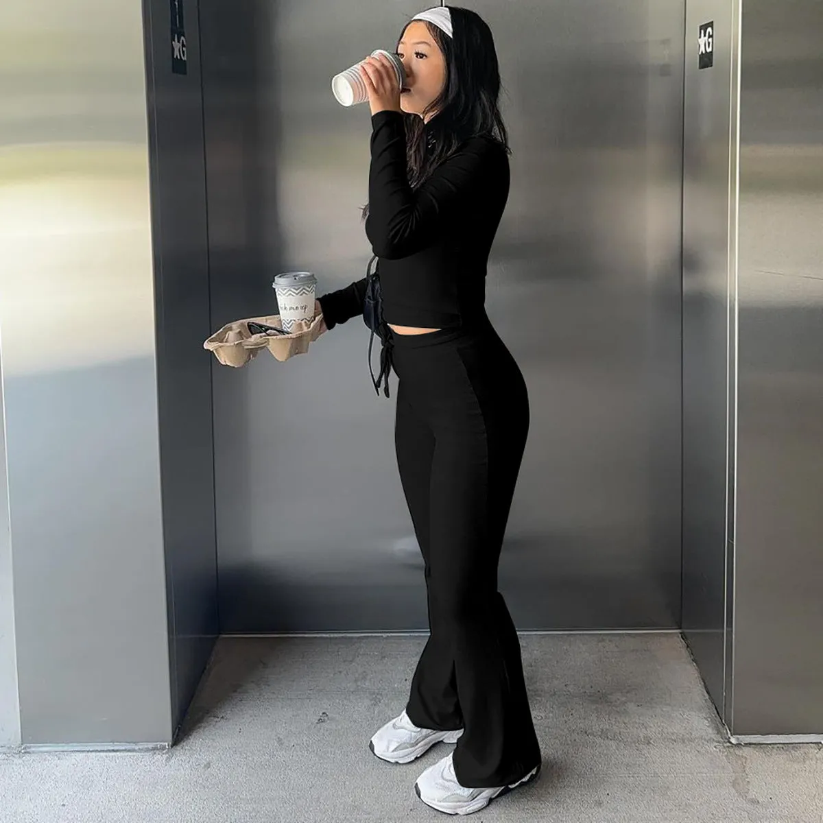 Cozy Ribbed Long-Sleeve Crop Top and Flared Pants Two-Piece Set