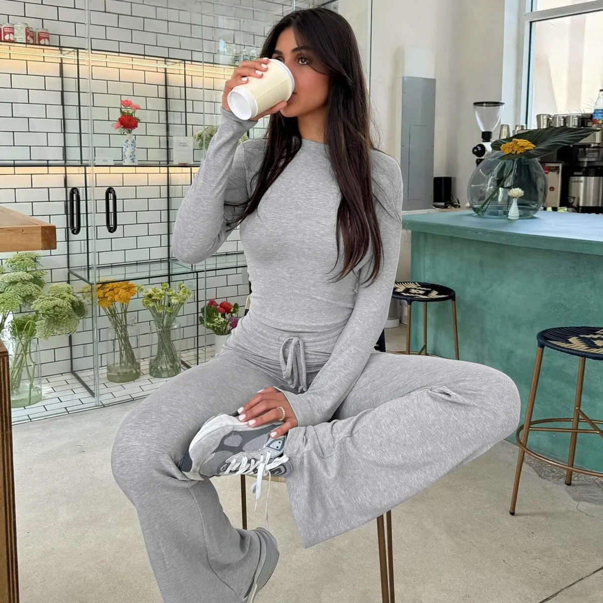 Cozy Ribbed Long-Sleeve Crop Top and Flared Pants Two-Piece Set