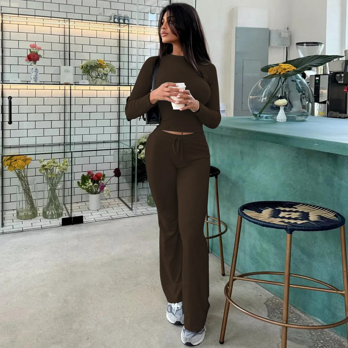 Cozy Ribbed Long-Sleeve Crop Top and Flared Pants Two-Piece Set