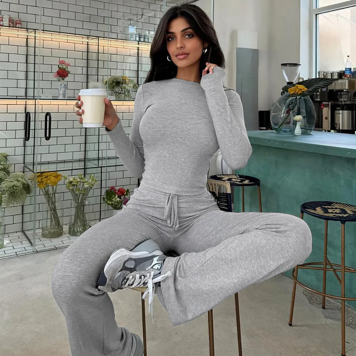 Cozy Ribbed Long-Sleeve Crop Top and Flared Pants Two-Piece Set