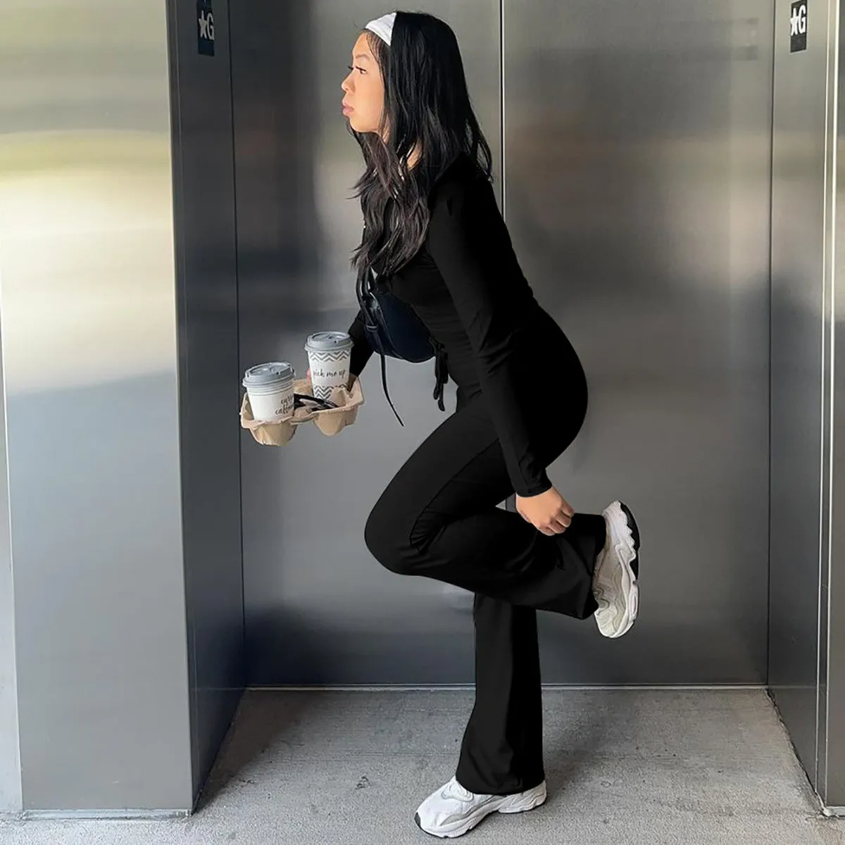 Cozy Ribbed Long-Sleeve Crop Top and Flared Pants Two-Piece Set