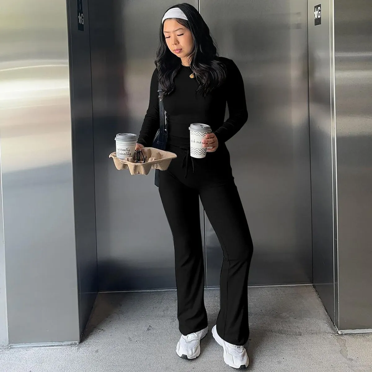 Cozy Ribbed Long-Sleeve Crop Top and Flared Pants Two-Piece Set