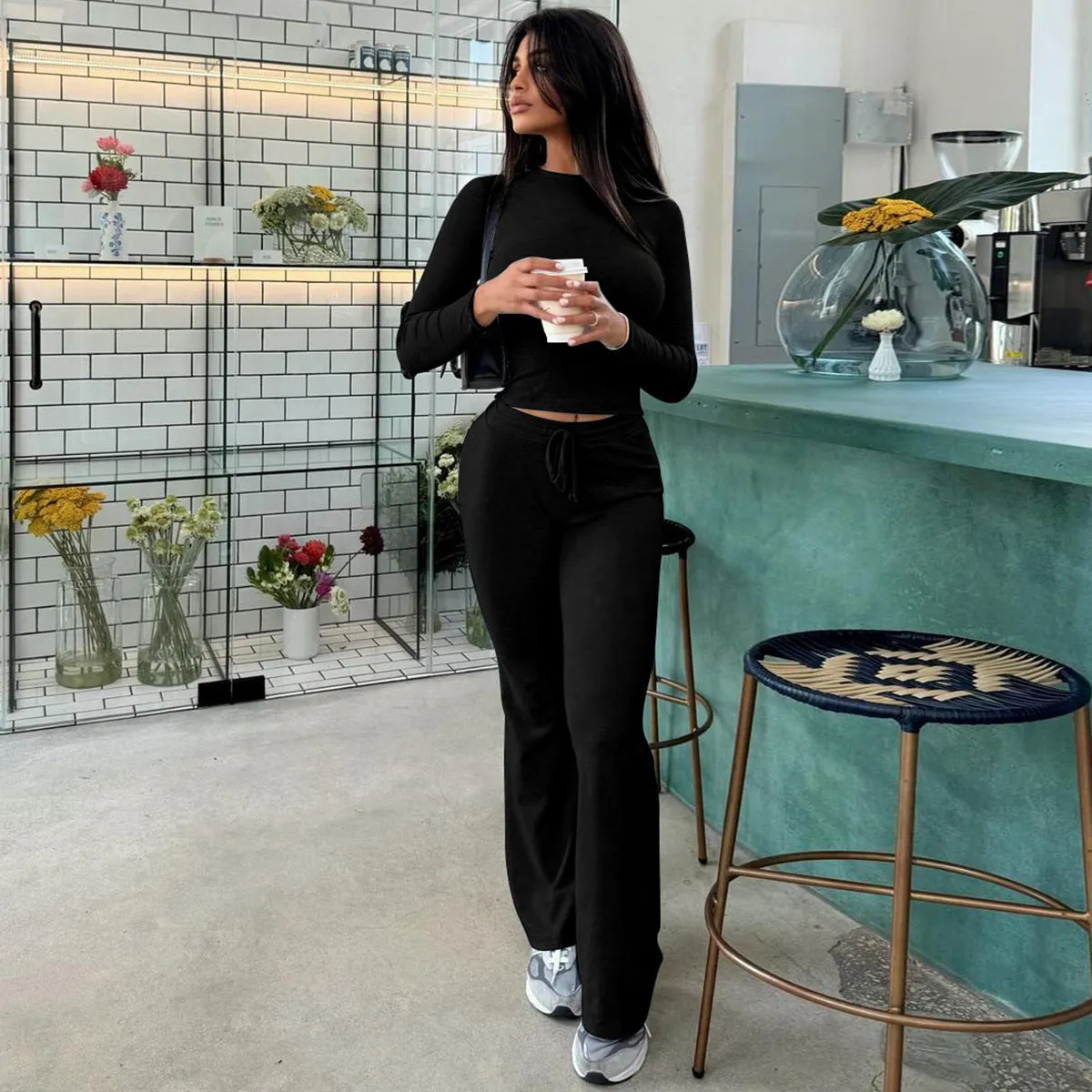Cozy Ribbed Long-Sleeve Crop Top and Flared Pants Two-Piece Set