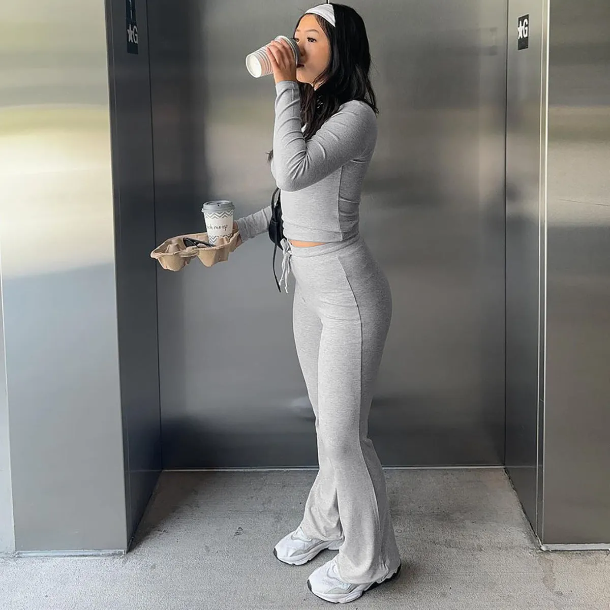 Cozy Ribbed Long-Sleeve Crop Top and Flared Pants Two-Piece Set