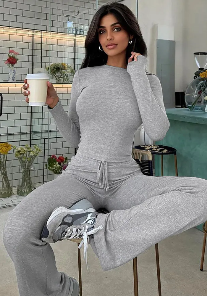 Cozy Ribbed Long-Sleeve Crop Top and Flared Pants Two-Piece Set